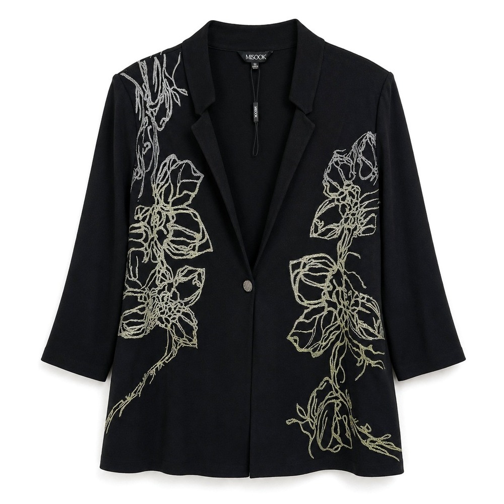 Misook Knit Cardigan Jacket XL Black Gold Silver Floral Embroidered Elegant Luxe